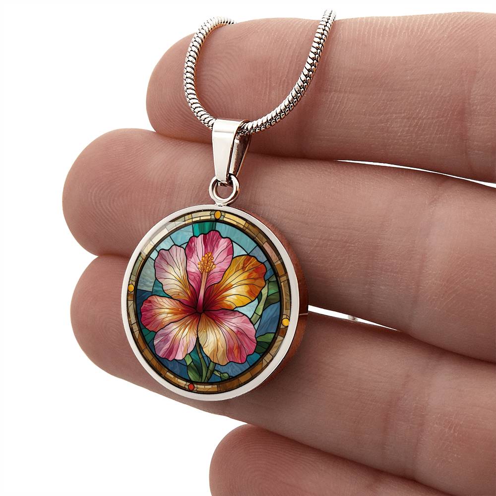 Hibiscus Flower Pendant Necklace with Faux Stained Glass | Hawaiian Summer Flower | Boho Summer Jewelry