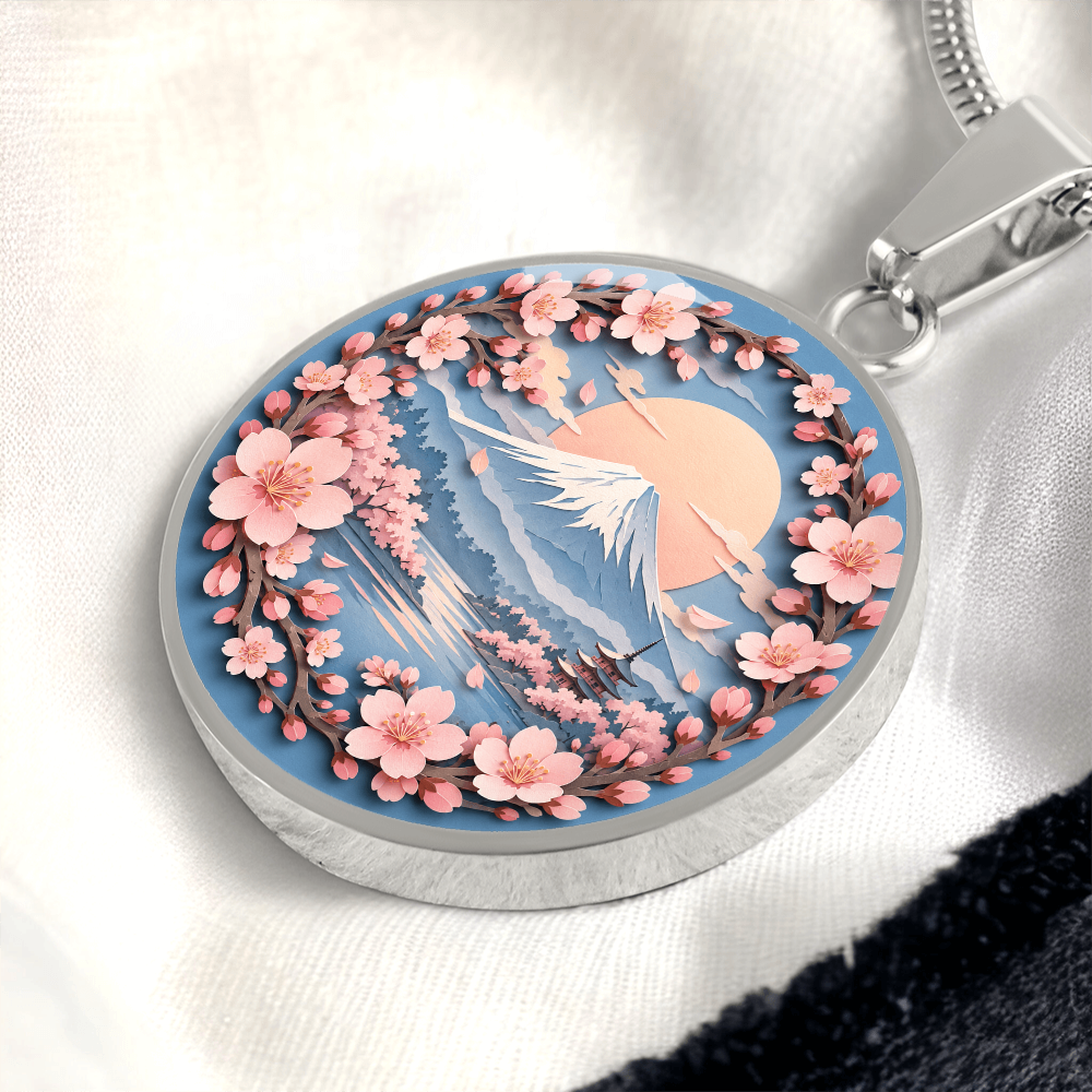 3D Paper Effect Mount Fuji Necklace, Cherry Blossom Sunrise Pendant, Japan Landscape Jewelry, Sakura Gift for Her