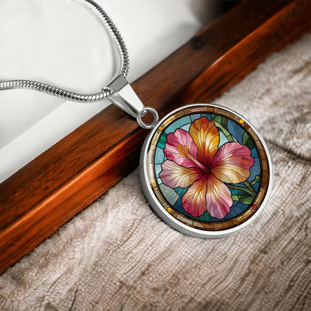 Hibiscus Flower Pendant Necklace with Faux Stained Glass | Hawaiian Summer Flower | Boho Summer Jewelry