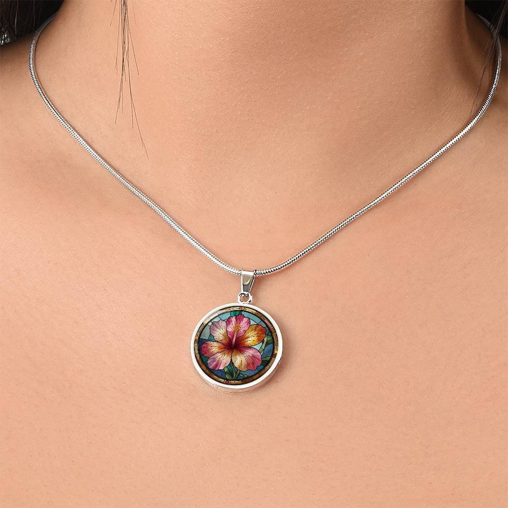 Hibiscus Flower Pendant Necklace with Faux Stained Glass | Hawaiian Summer Flower | Boho Summer Jewelry