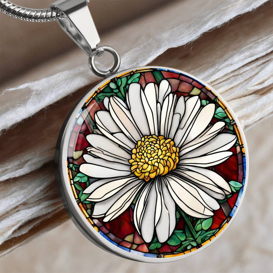 Birth Month Flower Necklace | Daisy Birth Flower Necklace | April Birth Flower Necklace | Stained Glass Personalized Pendant Necklace