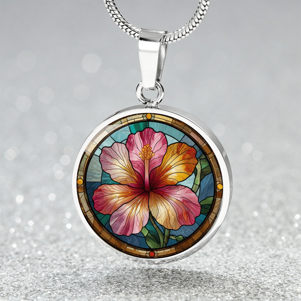Hibiscus Flower Pendant Necklace with Faux Stained Glass | Hawaiian Summer Flower | Boho Summer Jewelry