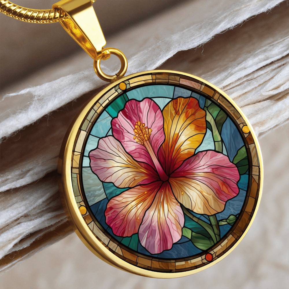 Hibiscus Flower Pendant Necklace with Faux Stained Glass | Hawaiian Summer Flower | Boho Summer Jewelry