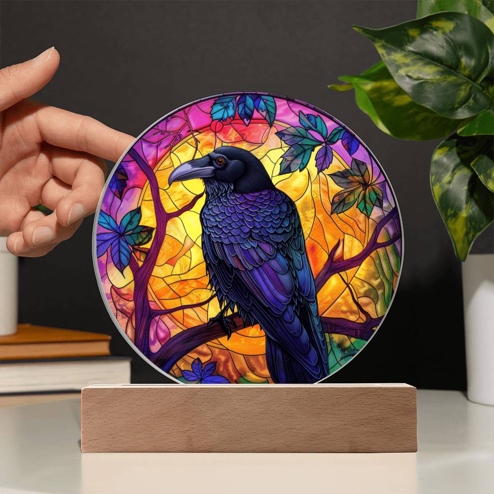 Faux Stained Glass Raven Crow Acrylic Plaque Suncatcher | Edgar Allan Poe Decor | Halloween Gothic Home Decor Gift | Spirit Animal