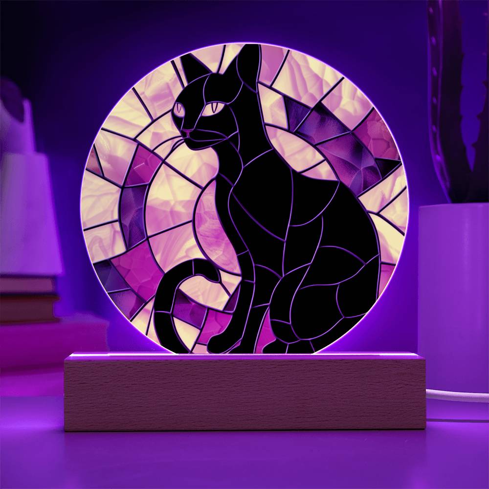 Black Cat Stained Glass Look Acrylic Plaque Suncatcher | Fall Decor LED Moodlight | Decorative Contemporary Cat Sign | Cat Lover Gift