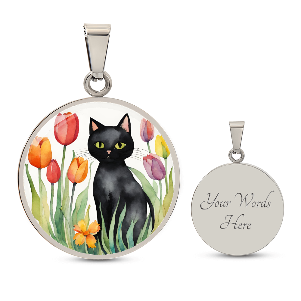 Vintage Black Cat Necklace | Cat Lover Gift | Quirky Cat Jewelry | Cat with Flowers Jewelry | Watercolor Look Necklace