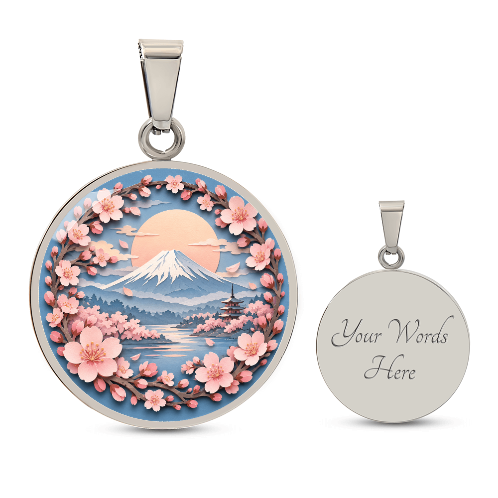 3D Paper Effect Mount Fuji Necklace, Cherry Blossom Sunrise Pendant, Japan Landscape Jewelry, Sakura Gift for Her