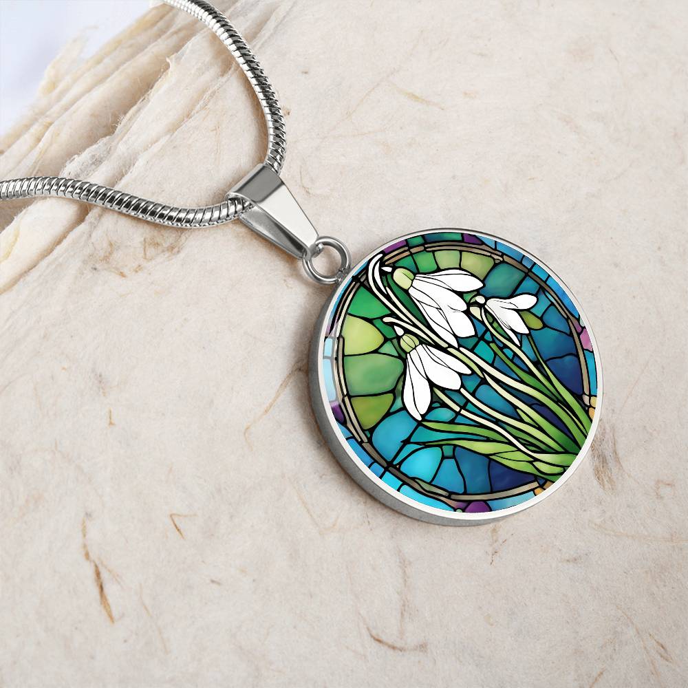 Birth Month Flower Necklace | Snowdrop Birth Flower Necklace | January Birth Flower Necklace | Stained Glass Personalized Pendant Necklace