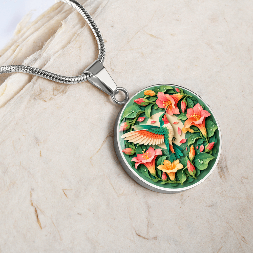 3D Paper Effect Hummingbird Necklace, Trumpet Flower Pendant, Nature Lover Jewelry, Bird Gift for Her