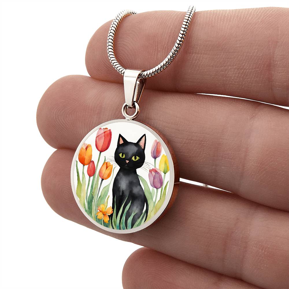 Vintage Black Cat Necklace | Cat Lover Gift | Quirky Cat Jewelry | Cat with Flowers Jewelry | Watercolor Look Necklace