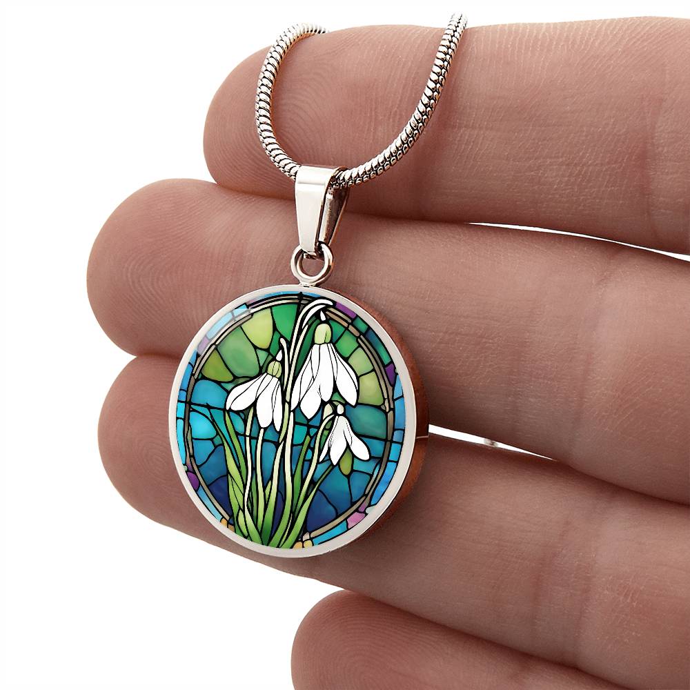 Birth Month Flower Necklace | Snowdrop Birth Flower Necklace | January Birth Flower Necklace | Stained Glass Personalized Pendant Necklace