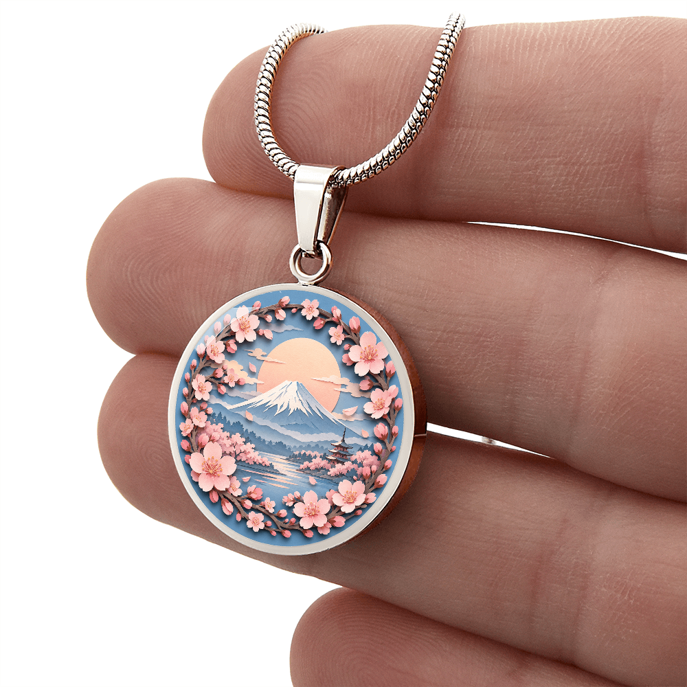 3D Paper Effect Mount Fuji Necklace, Cherry Blossom Sunrise Pendant, Japan Landscape Jewelry, Sakura Gift for Her