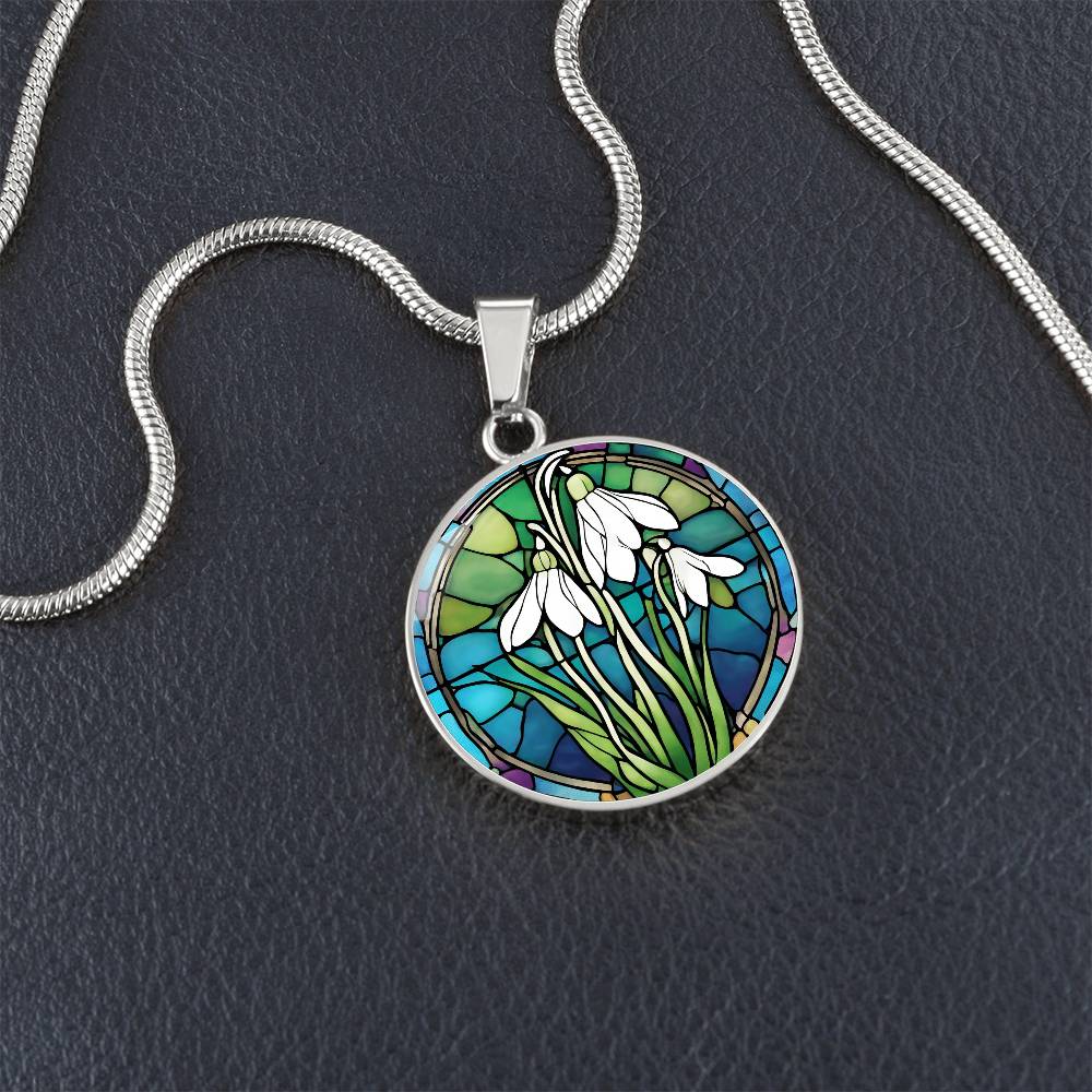 Birth Month Flower Necklace | Snowdrop Birth Flower Necklace | January Birth Flower Necklace | Stained Glass Personalized Pendant Necklace