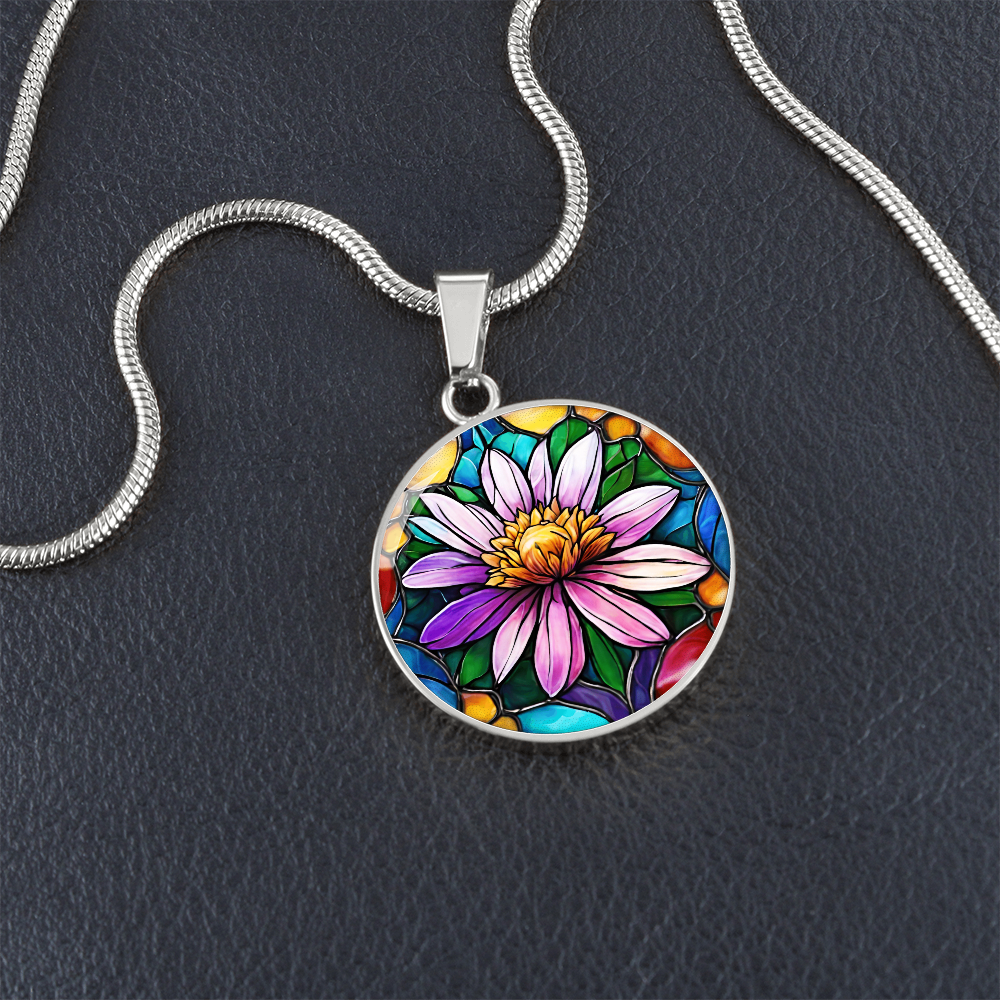 Birth Month Flower Necklace | Aster Birth Flower Necklace | September Birth Flower Necklace | Stained Glass Personalized Pendant Necklace