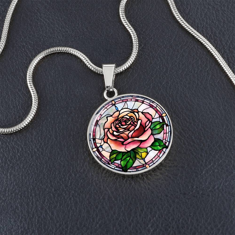 Birth Month Flower Necklace | Rose Birth Flower Necklace | June Birth Flower Necklace | Stained Glass Personalized Pendant Necklace