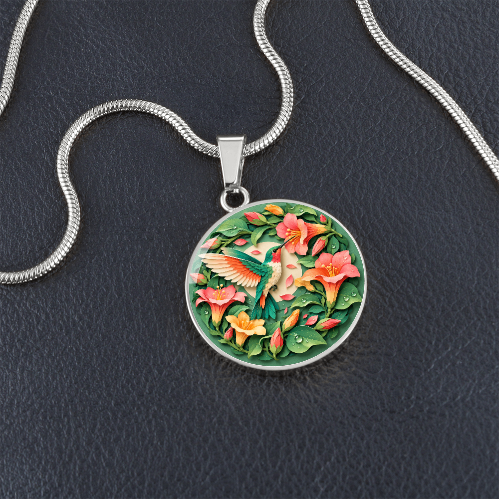 3D Paper Effect Hummingbird Necklace, Trumpet Flower Pendant, Nature Lover Jewelry, Bird Gift for Her