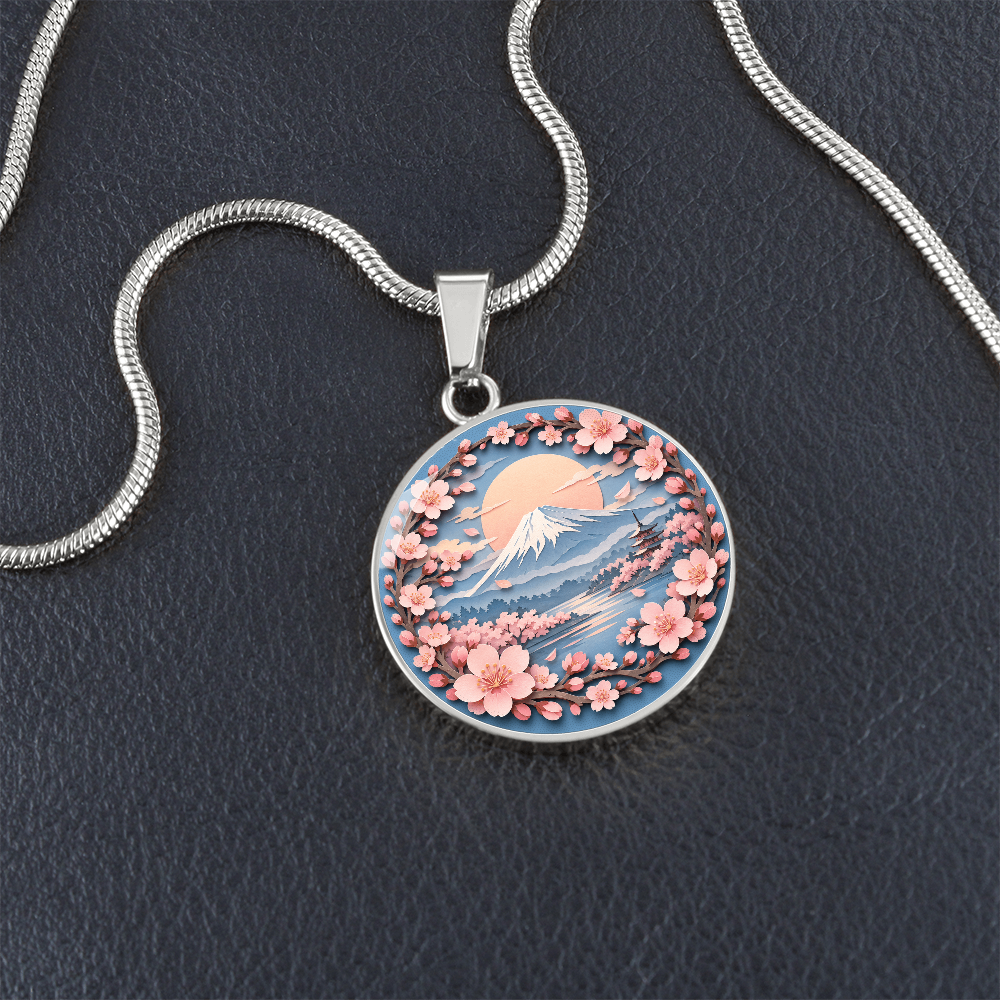 3D Paper Effect Mount Fuji Necklace, Cherry Blossom Sunrise Pendant, Japan Landscape Jewelry, Sakura Gift for Her