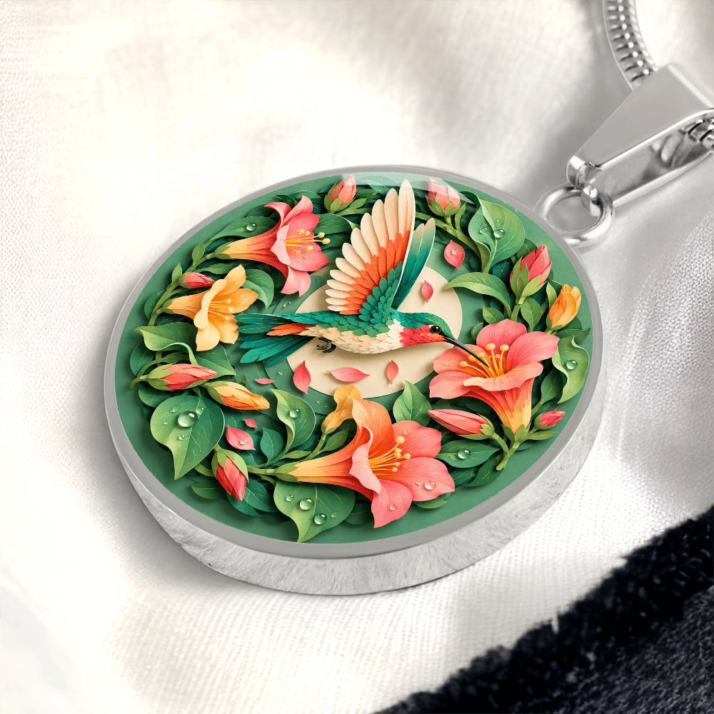 3D Paper Effect Hummingbird Necklace, Trumpet Flower Pendant, Nature Lover Jewelry, Bird Gift for Her