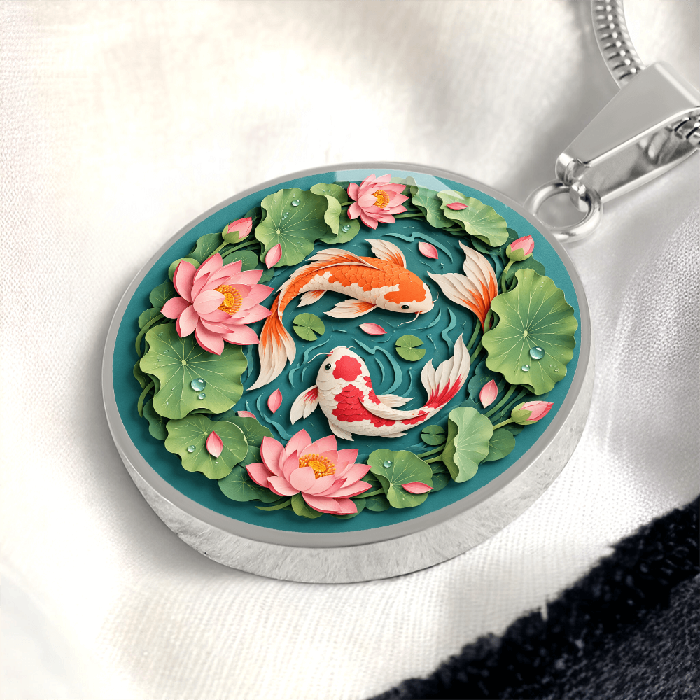 3D Paper Effect Koi Fish Necklace, Lotus Flower Pendant, Japanese Koi Pond Jewelry, Good Luck Gift for Her