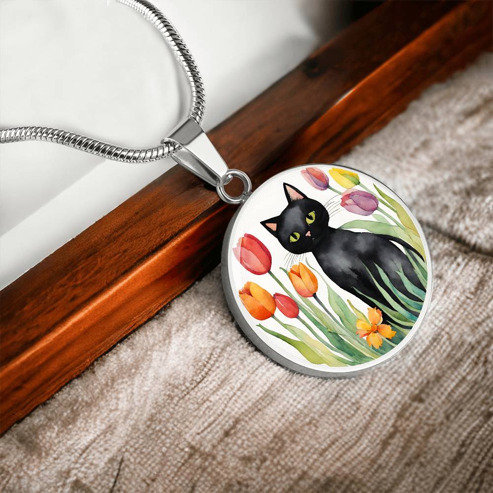 Vintage Black Cat Necklace | Cat Lover Gift | Quirky Cat Jewelry | Cat with Flowers Jewelry | Watercolor Look Necklace