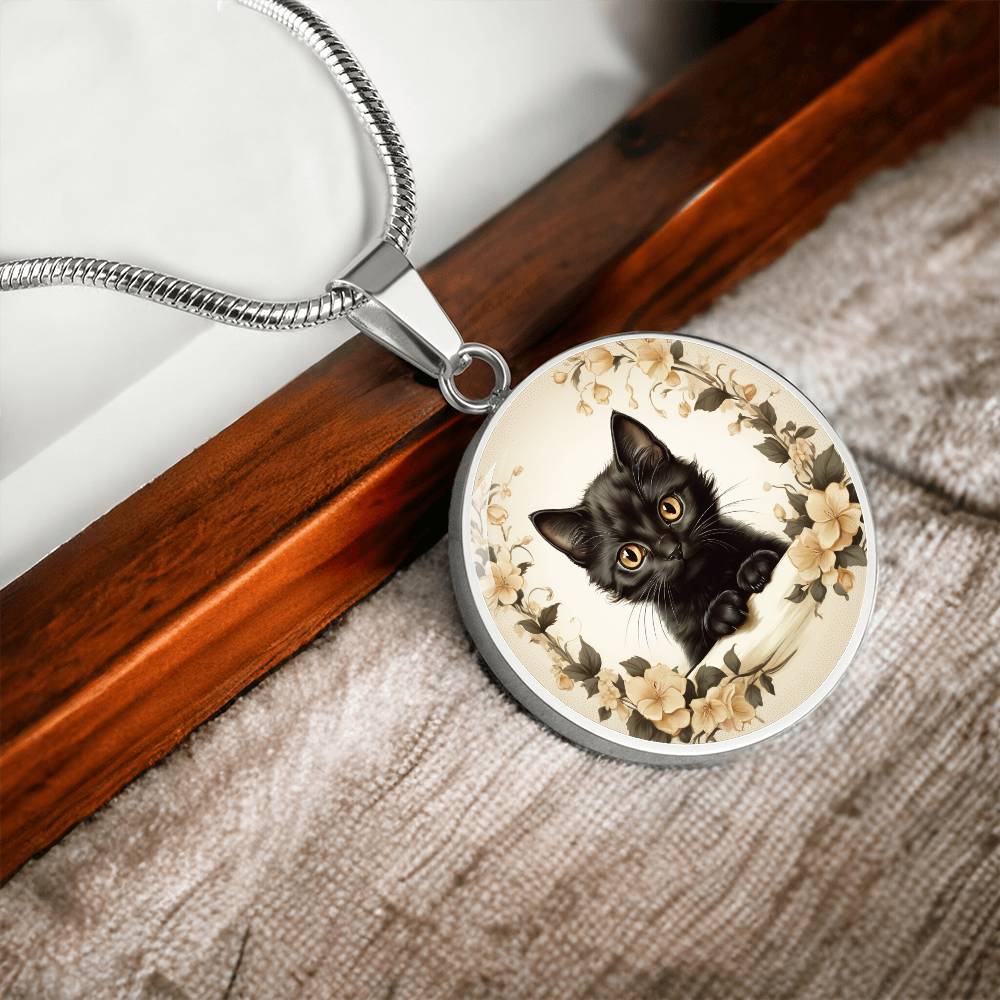 Vintage Illustration Style Black Kitten pendant, cute kitten gift, cat lover pendant or keychain