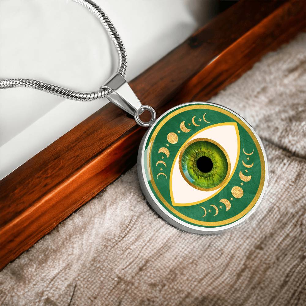 Evil Eye & Triple Moon Pendant Green