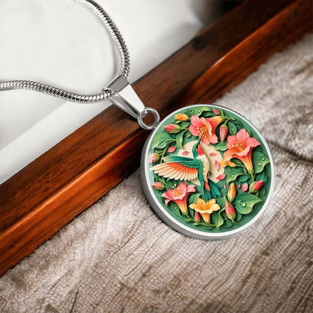 3D Paper Effect Hummingbird Necklace, Trumpet Flower Pendant, Nature Lover Jewelry, Bird Gift for Her