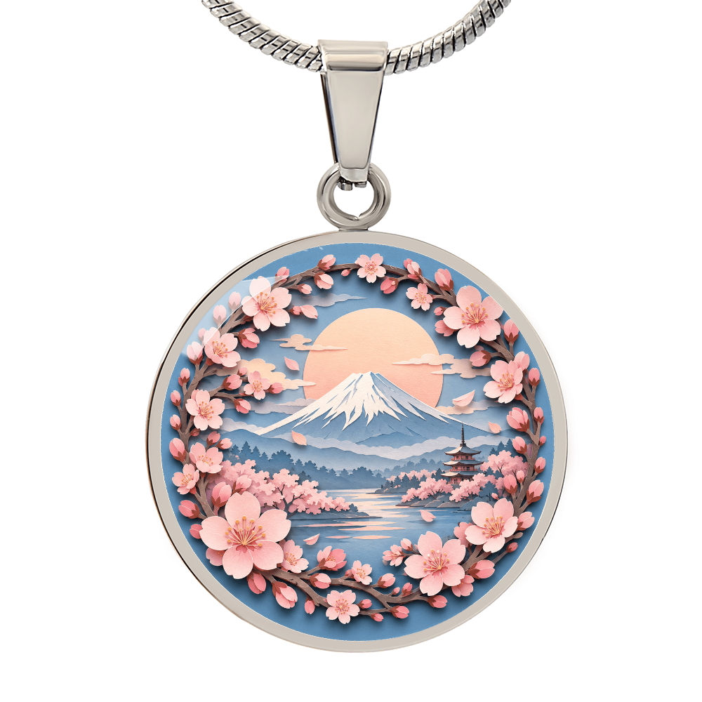 3D Paper Effect Mount Fuji Necklace, Cherry Blossom Sunrise Pendant, Japan Landscape Jewelry, Sakura Gift for Her