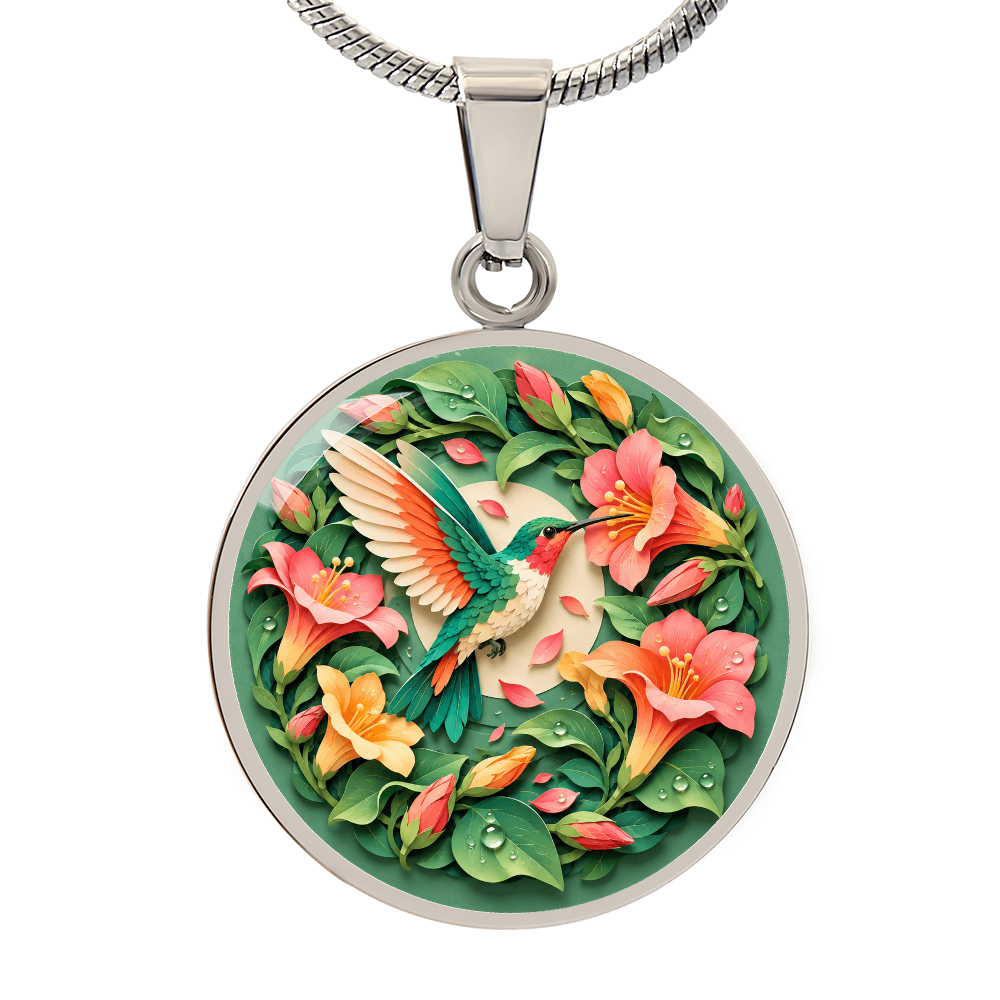 3D Paper Effect Hummingbird Necklace, Trumpet Flower Pendant, Nature Lover Jewelry, Bird Gift for Her