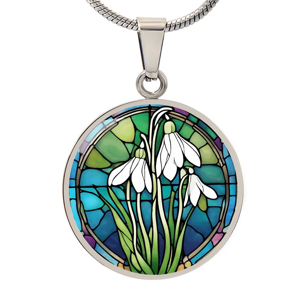 Birth Month Flower Necklace | Snowdrop Birth Flower Necklace | January Birth Flower Necklace | Stained Glass Personalized Pendant Necklace