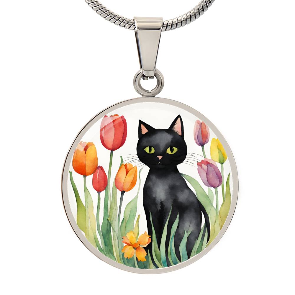 Vintage Black Cat Necklace | Cat Lover Gift | Quirky Cat Jewelry | Cat with Flowers Jewelry | Watercolor Look Necklace