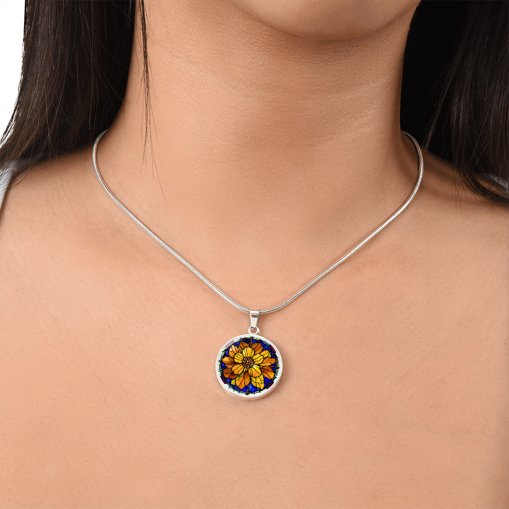 Birth Month Flower Necklace | Marigold Birth Flower Necklace | October Birth Flower Necklace | Stained Glass Personalized Pendant Necklace