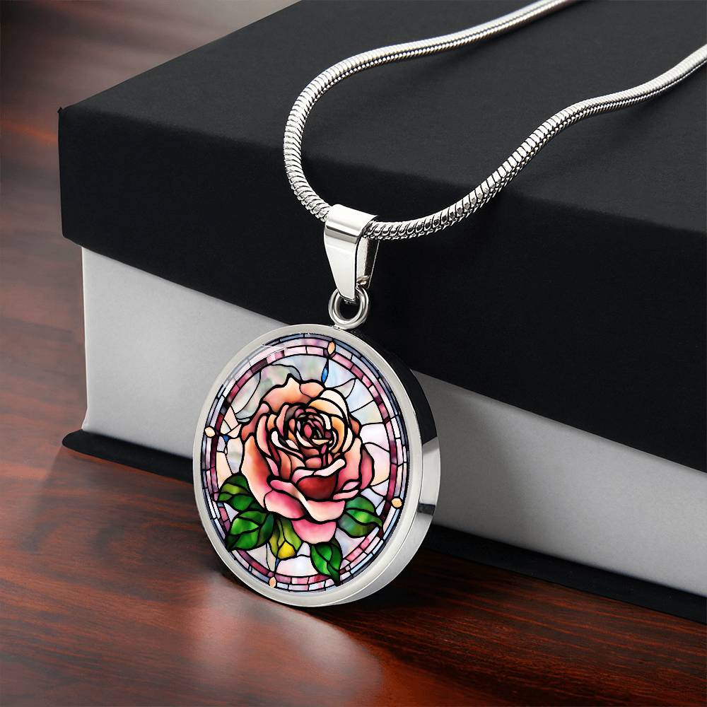 Birth Month Flower Necklace | Rose Birth Flower Necklace | June Birth Flower Necklace | Stained Glass Personalized Pendant Necklace