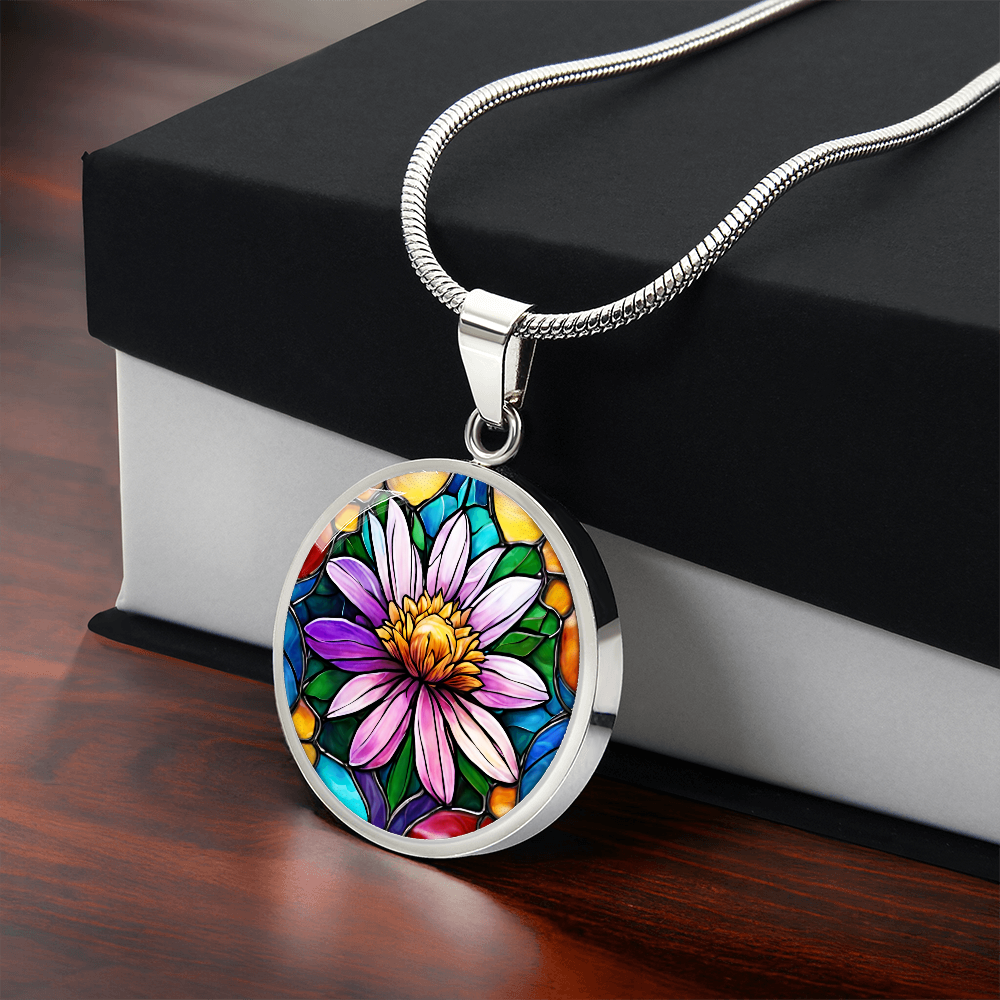 Birth Month Flower Necklace | Aster Birth Flower Necklace | September Birth Flower Necklace | Stained Glass Personalized Pendant Necklace