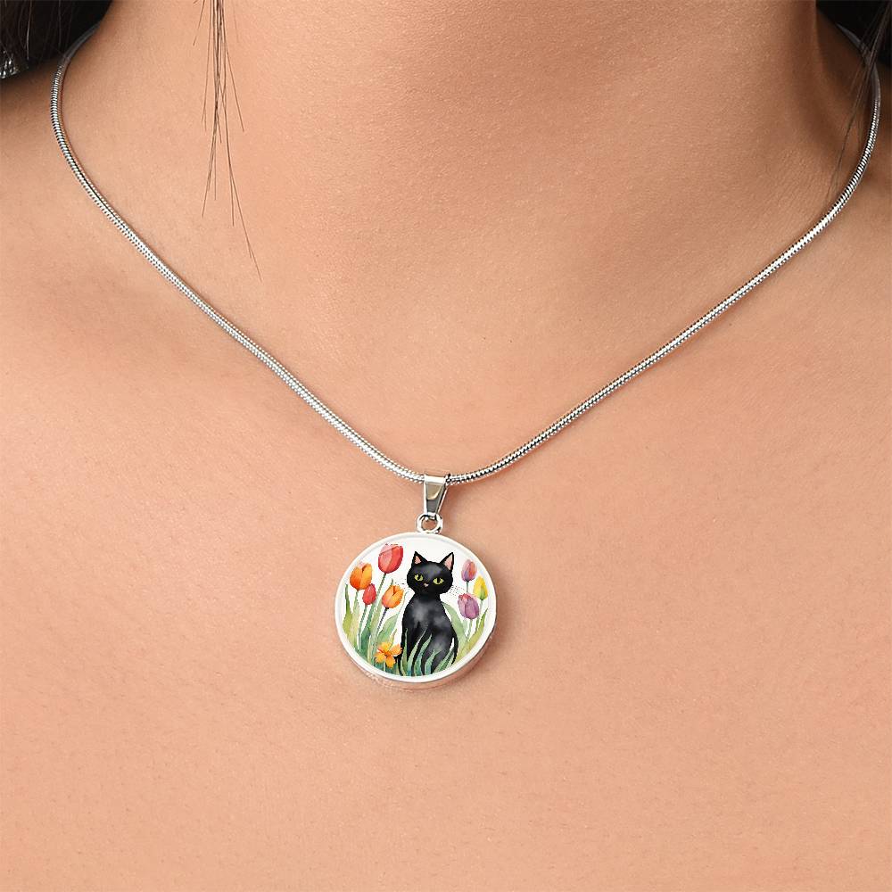 Vintage Black Cat Necklace | Cat Lover Gift | Quirky Cat Jewelry | Cat with Flowers Jewelry | Watercolor Look Necklace