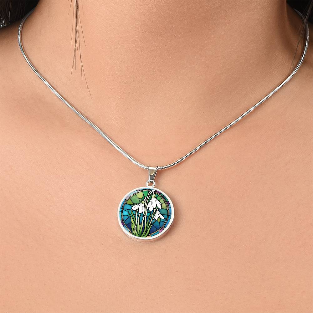 Birth Month Flower Necklace | Snowdrop Birth Flower Necklace | January Birth Flower Necklace | Stained Glass Personalized Pendant Necklace