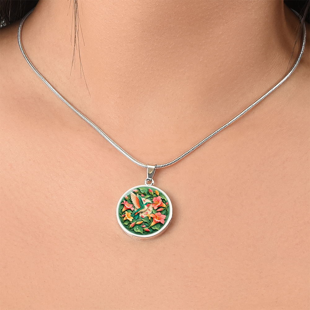 3D Paper Effect Hummingbird Necklace, Trumpet Flower Pendant, Nature Lover Jewelry, Bird Gift for Her