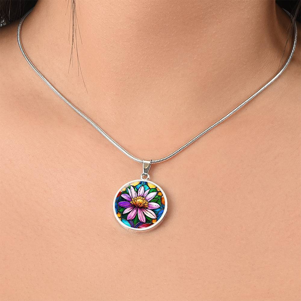 Birth Month Flower Necklace | Aster Birth Flower Necklace | September Birth Flower Necklace | Stained Glass Personalized Pendant Necklace