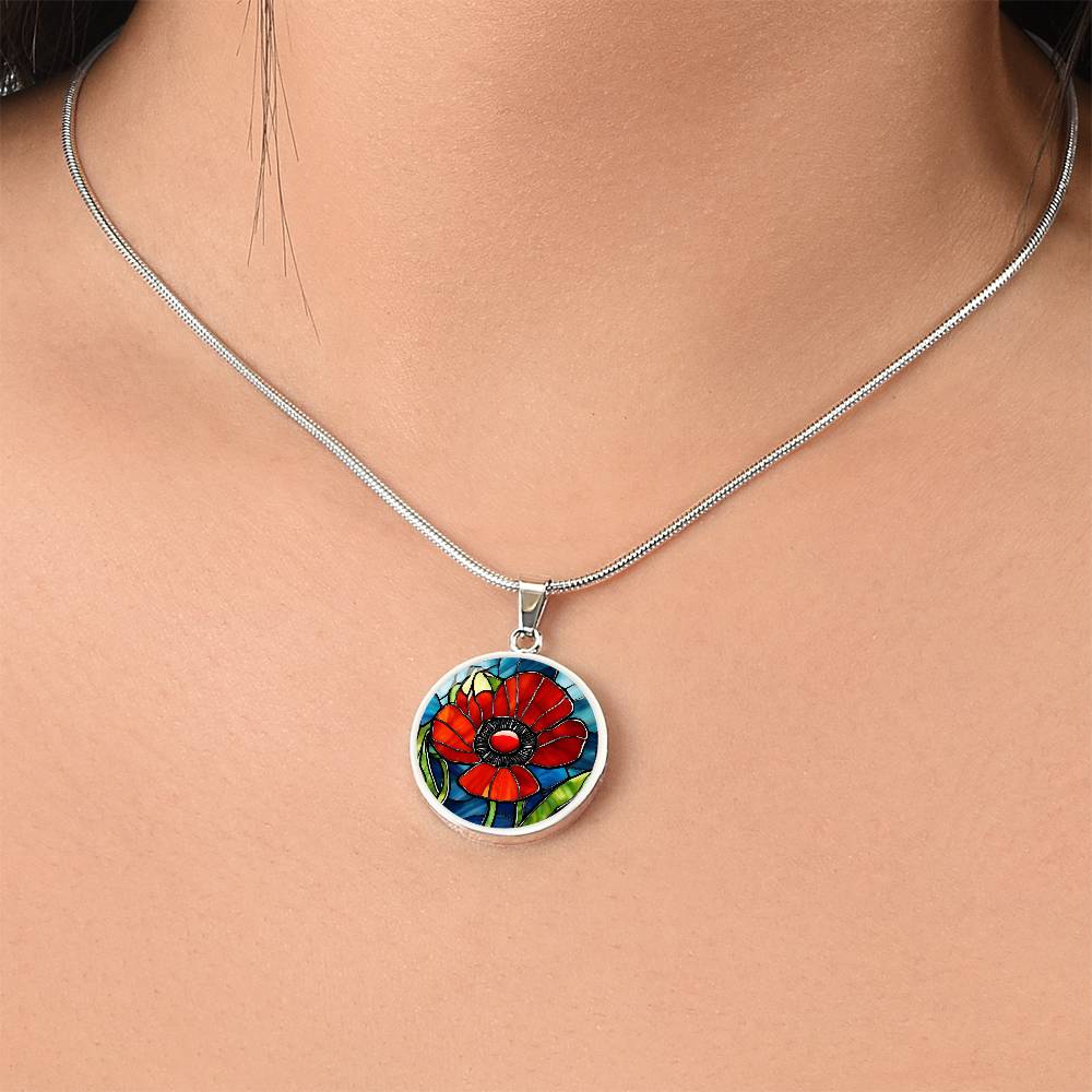 Birth Month Flower Necklace | Poppy Birth Flower Necklace | August Birth Flower Necklace | Stained Glass Personalized Pendant Necklace