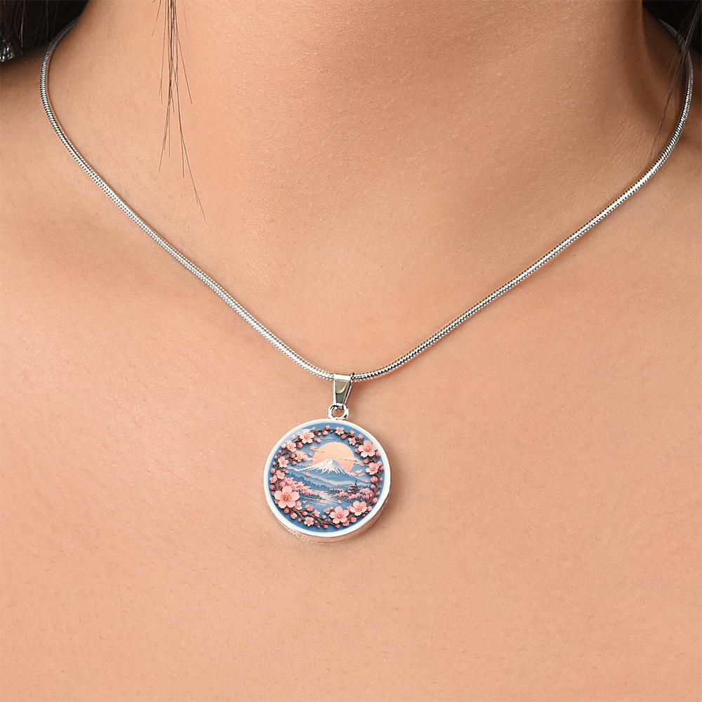 3D Paper Effect Mount Fuji Necklace, Cherry Blossom Sunrise Pendant, Japan Landscape Jewelry, Sakura Gift for Her