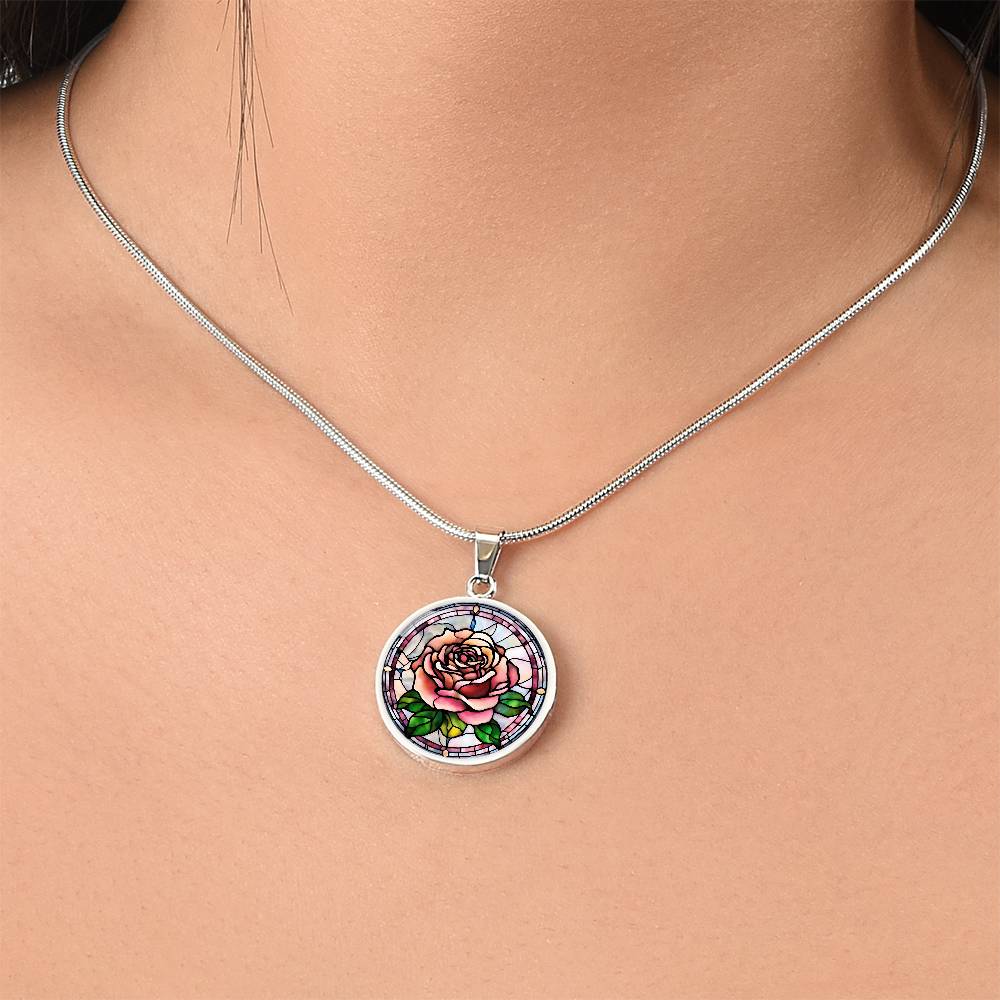 Birth Month Flower Necklace | Rose Birth Flower Necklace | June Birth Flower Necklace | Stained Glass Personalized Pendant Necklace