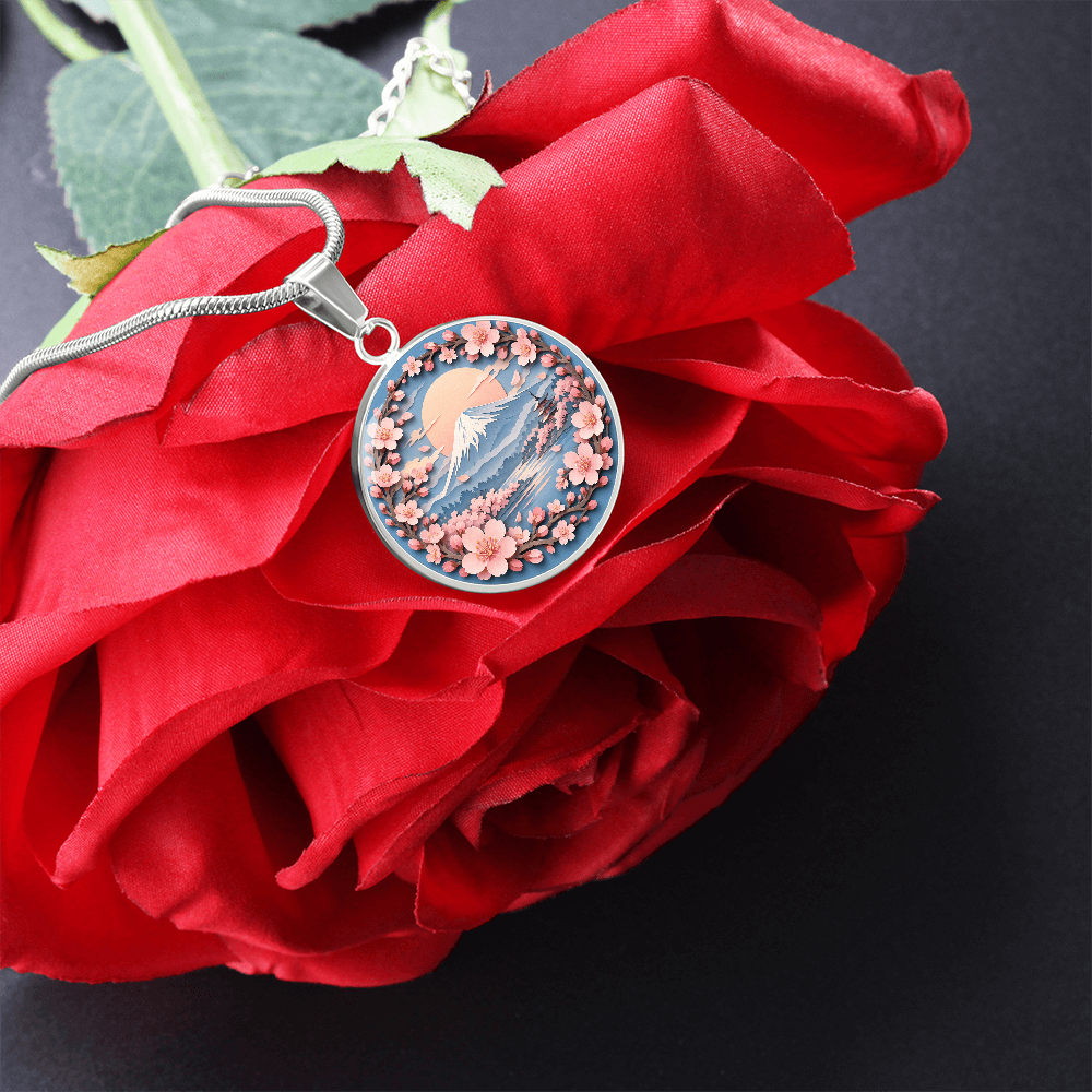 3D Paper Effect Mount Fuji Necklace, Cherry Blossom Sunrise Pendant, Japan Landscape Jewelry, Sakura Gift for Her