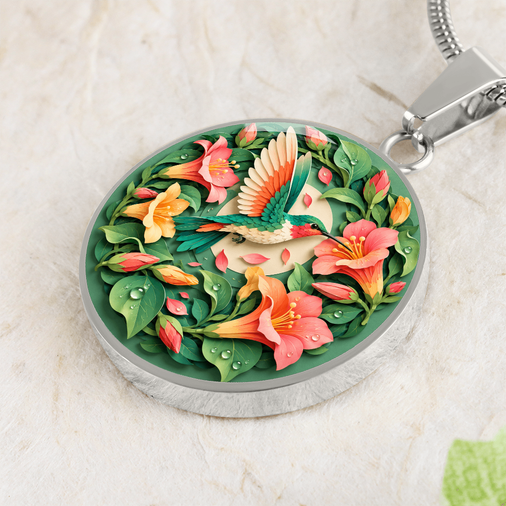 3D Paper Effect Hummingbird Necklace, Trumpet Flower Pendant, Nature Lover Jewelry, Bird Gift for Her