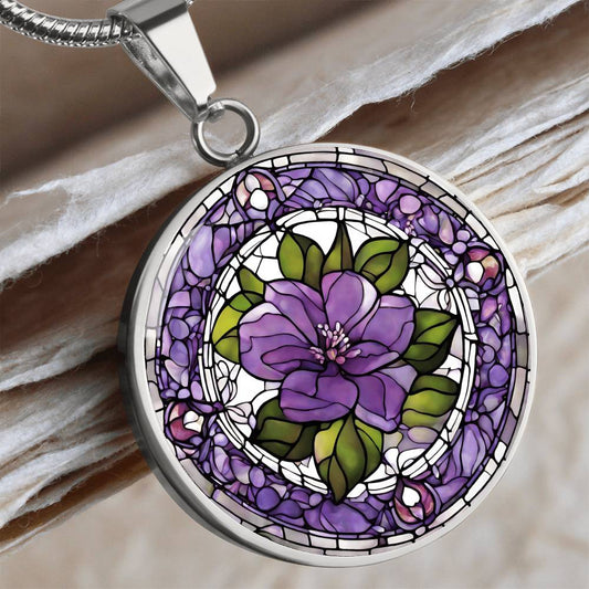 Birth Month Flower Necklace | Voilet Birth Flower Necklace | Feb Birth Flower Necklace | Stained Glass Personalized Pendant Necklace