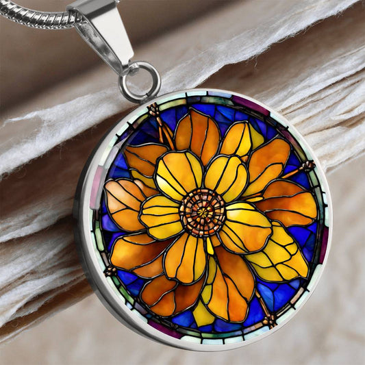 Birth Month Flower Necklace | Marigold Birth Flower Necklace | October Birth Flower Necklace | Stained Glass Personalized Pendant Necklace