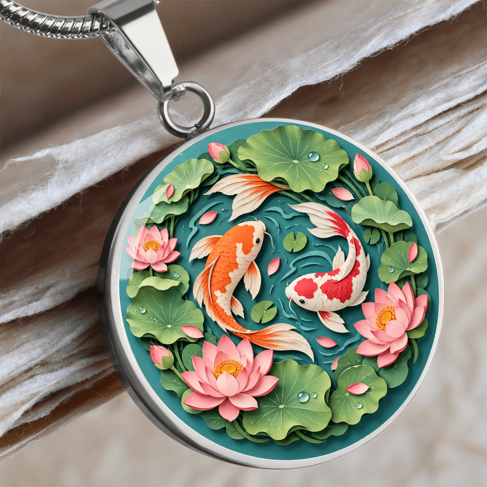 3D Paper Effect Koi Fish Necklace, Lotus Flower Pendant, Japanese Koi Pond Jewelry, Good Luck Gift for Her