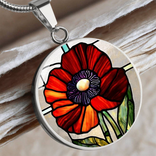 Birth Month Flower Necklace | Poppy Birth Flower Necklace | August Birth Flower Necklace | Stained Glass Personalized Pendant Necklace