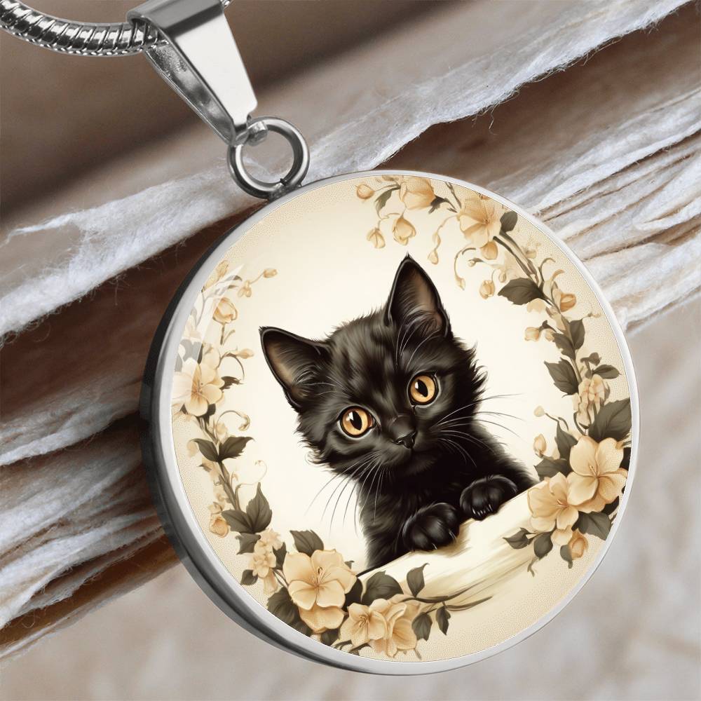 Vintage Illustration Style Black Kitten pendant, cute kitten gift, cat lover pendant or keychain