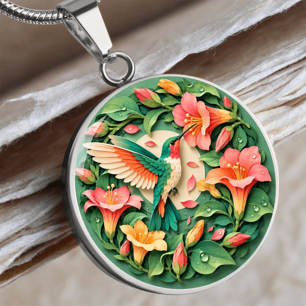 3D Paper Effect Hummingbird Necklace, Trumpet Flower Pendant, Nature Lover Jewelry, Bird Gift for Her