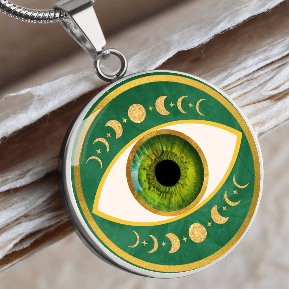 Evil Eye & Triple Moon Pendant Green